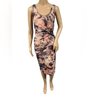 FUZZI Dress Camo Fitted Sleeveless Mesh Midi Bodycon Ruched Side Size S